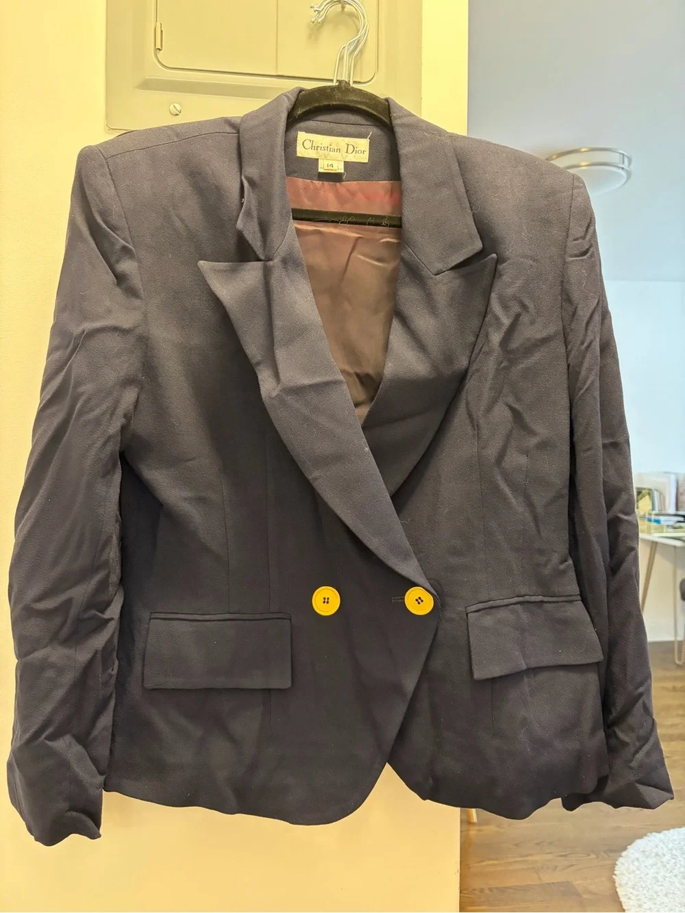 VINTAGE CHRISTIAN DIOR Double-Breasted Tailored Gold Button Blazer in Navy